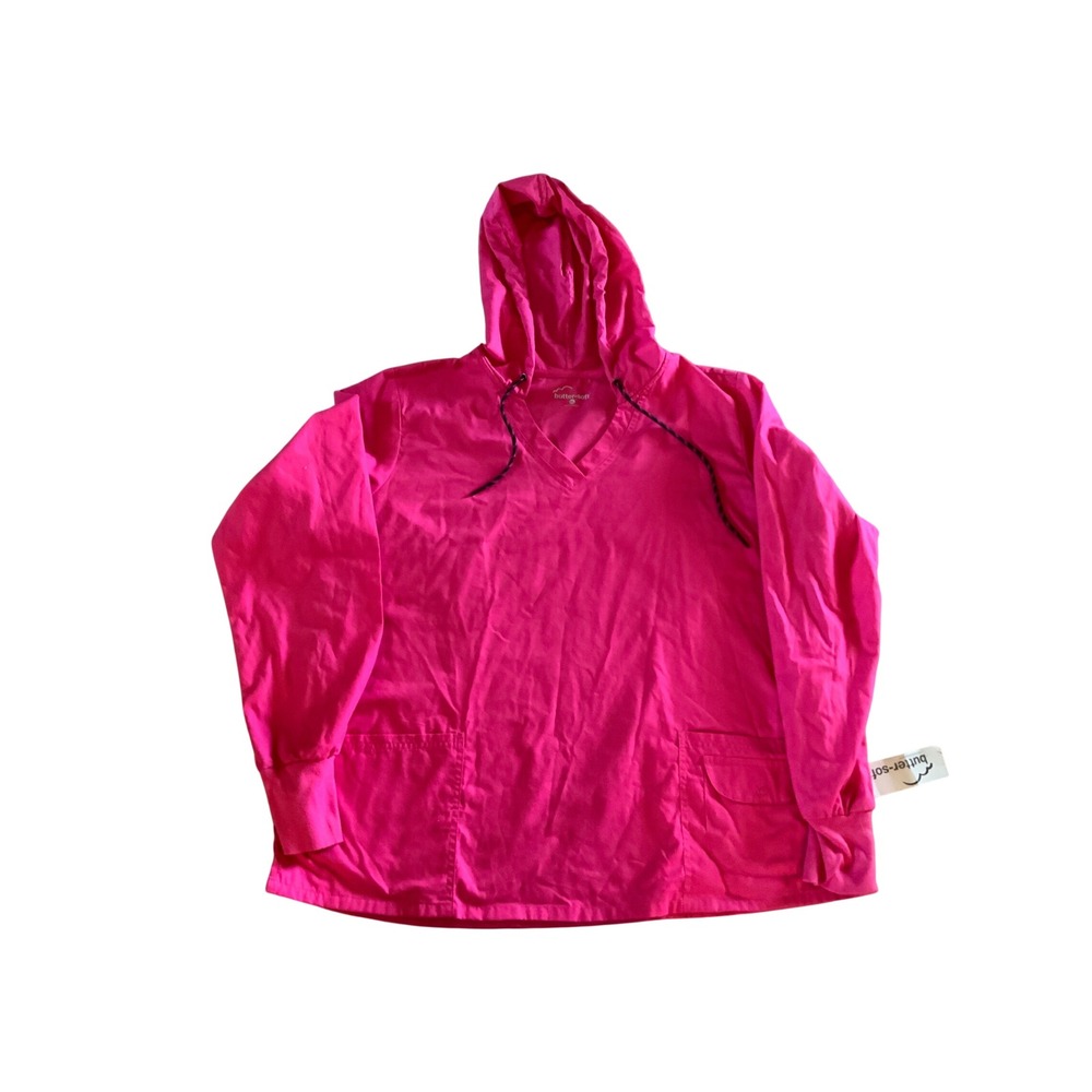 Butter-Soft Womens Scrub Top Hoodie Pink V-Neck Long Sleeve XL NWT